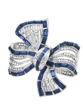 Vintage Style Blue Sapphire Clear Rhinestone Bow Brooch Pin Silver Tone